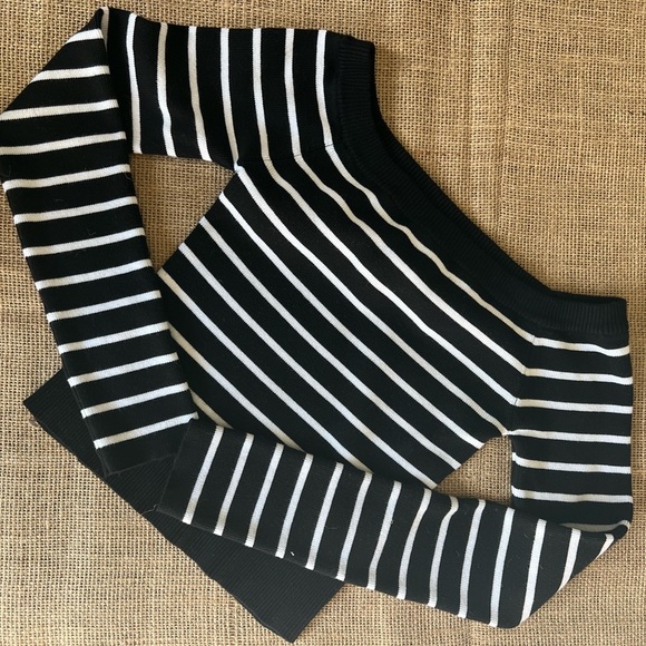Orange Kiss Essentials Sweaters - Black and White Striped Off-the-Shoulder Sweater
